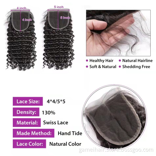 wholesale high quality naturalcolor 4x4" 5x5"transparent lace closure with  deep wave Brazilian Virgin human hair
